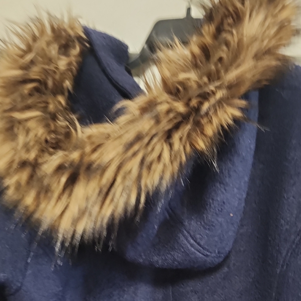 Calvin Klein Blue Wool Blend Coat Faux Fur Hood Winter Jacket - Picture 9 of 11